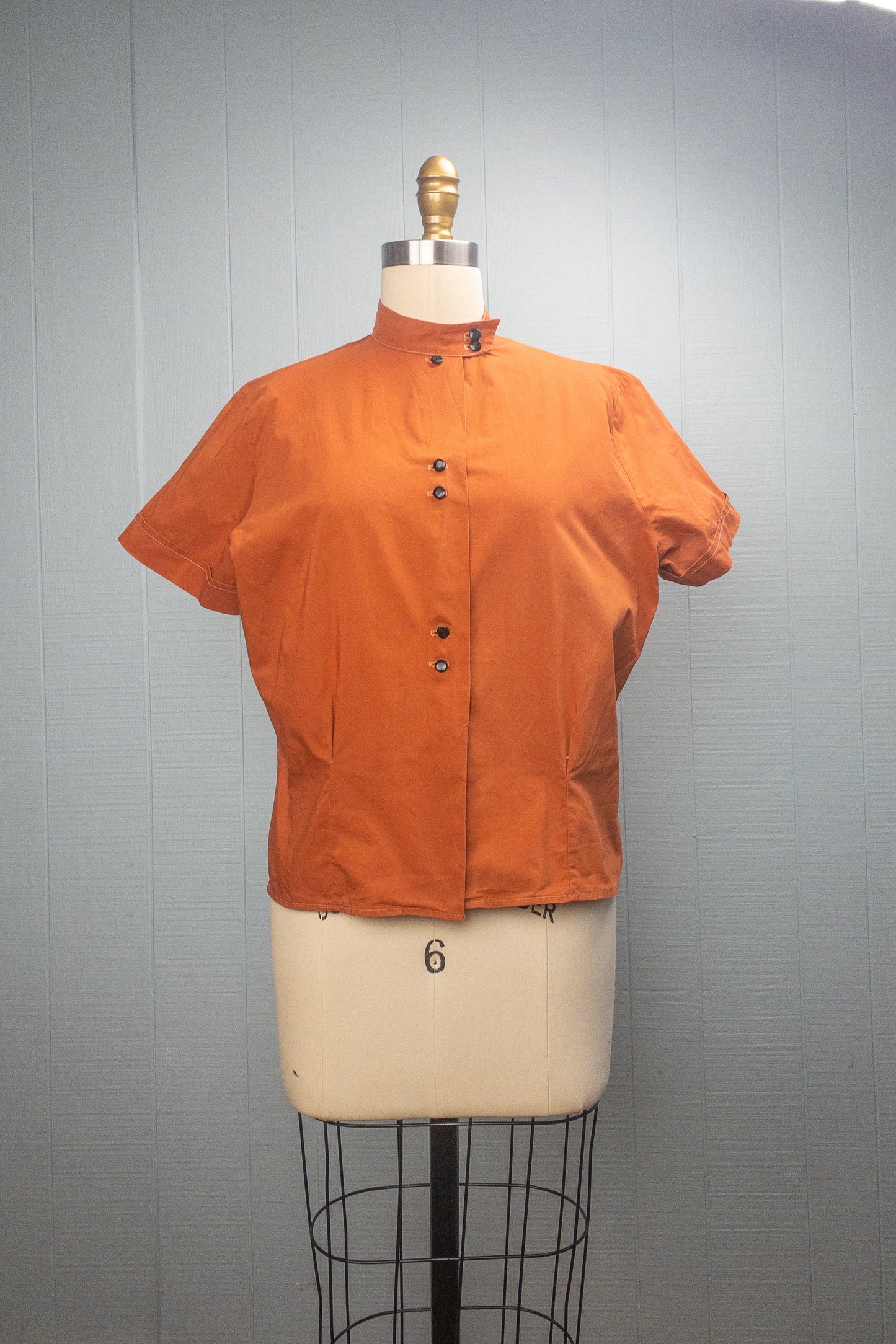 40s 50s Clay Orange Stand Collar Blouse | M