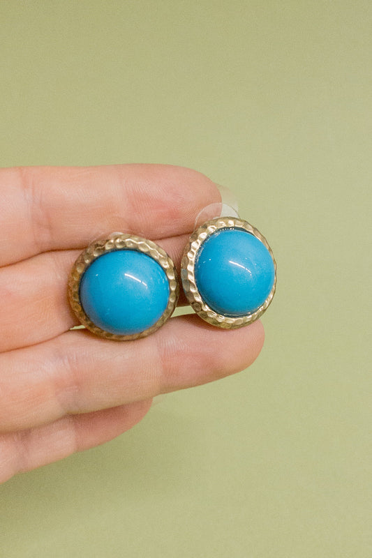 Teal Blue Domed Button Gold Rimmed Pierced Post