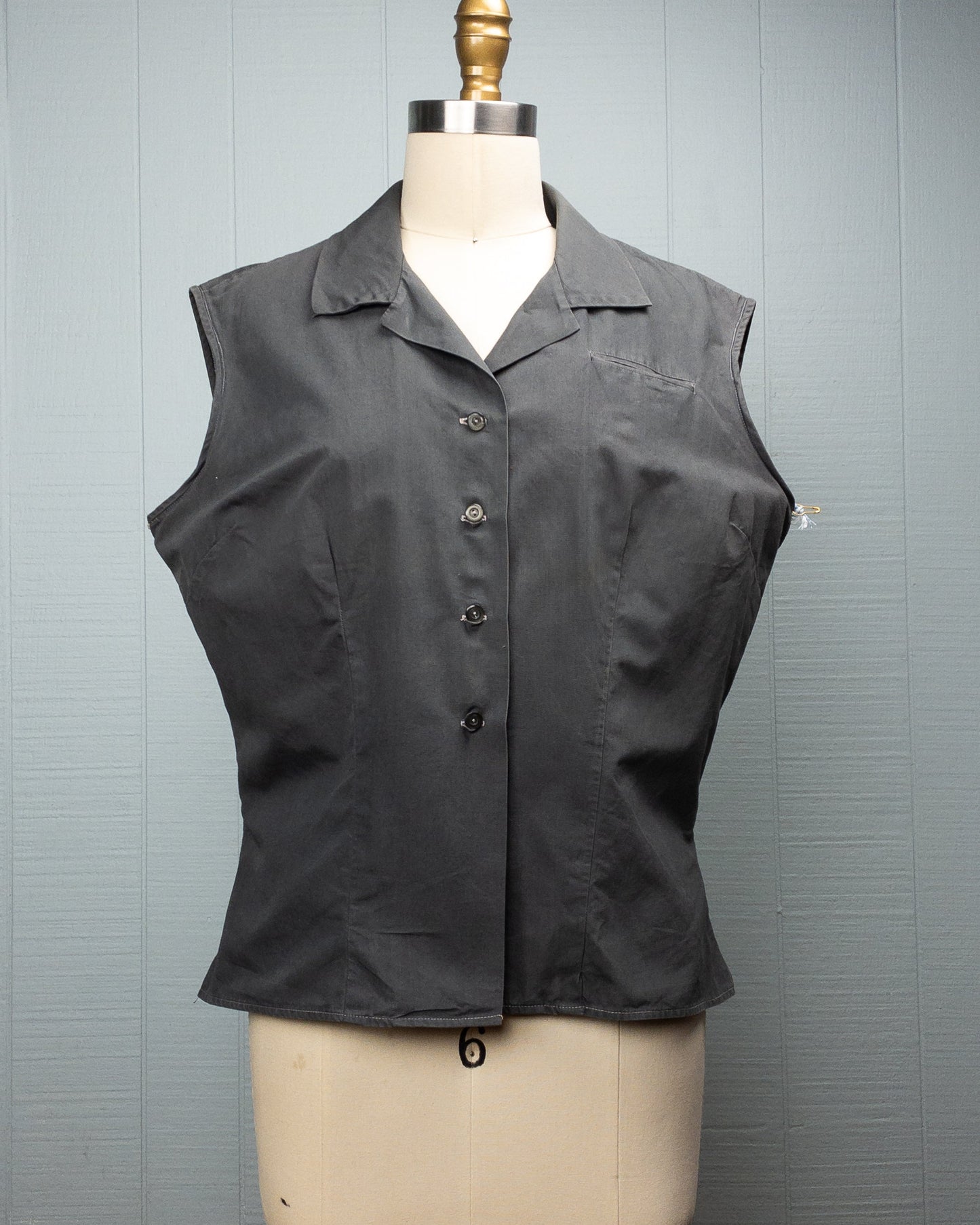 50's Charcoal Grey Sleeveless Blouse | L/XL