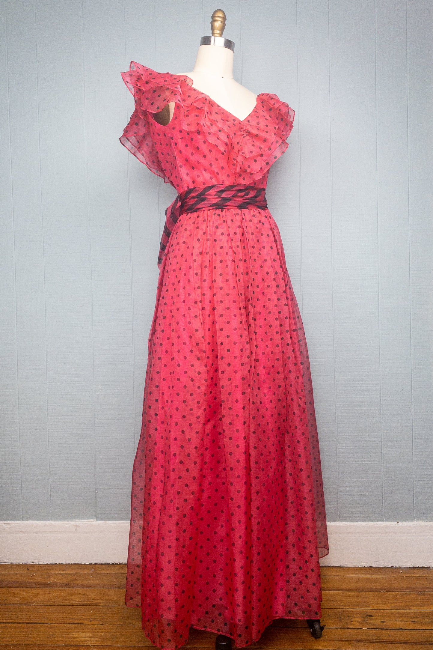 80's Magenta Pink Polka Dot Ruffle Gown | XXS/XS