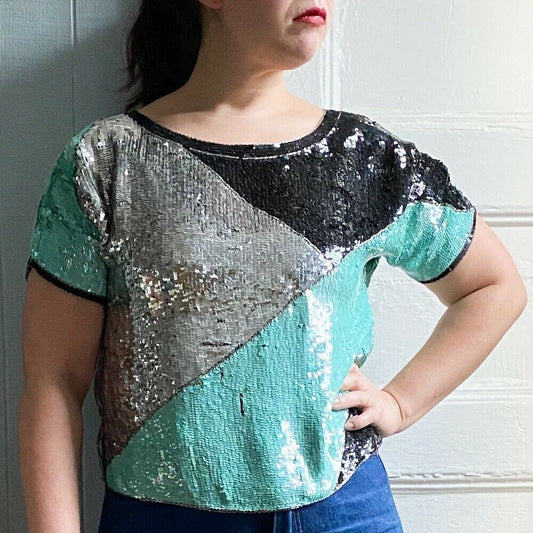 80s Teal Black Silver Colorblock Sequin Top | S/M