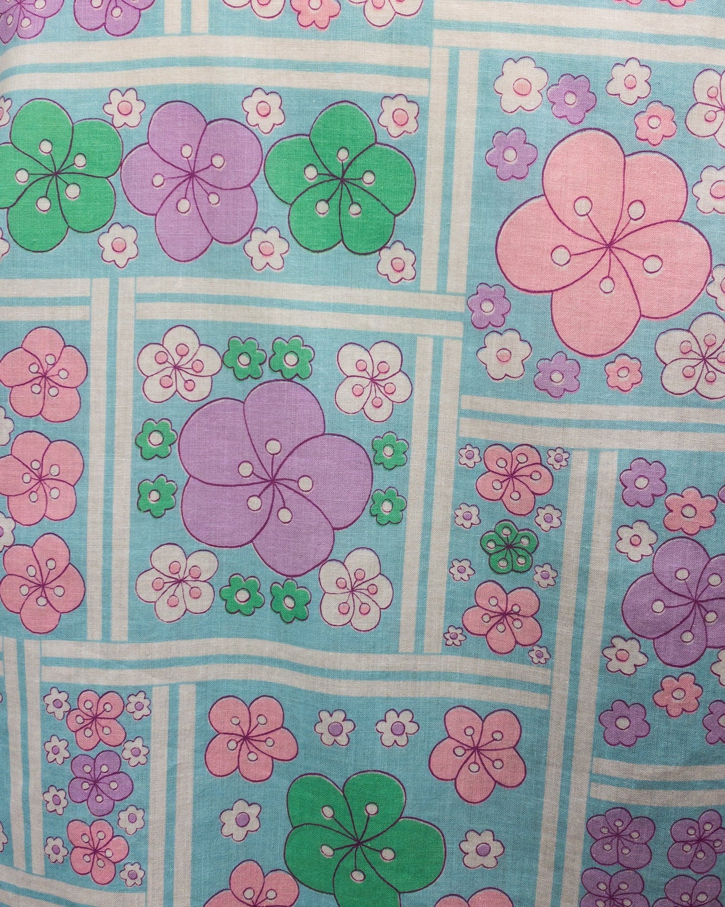 60's Blue Blossom Floral Green Pink Purple