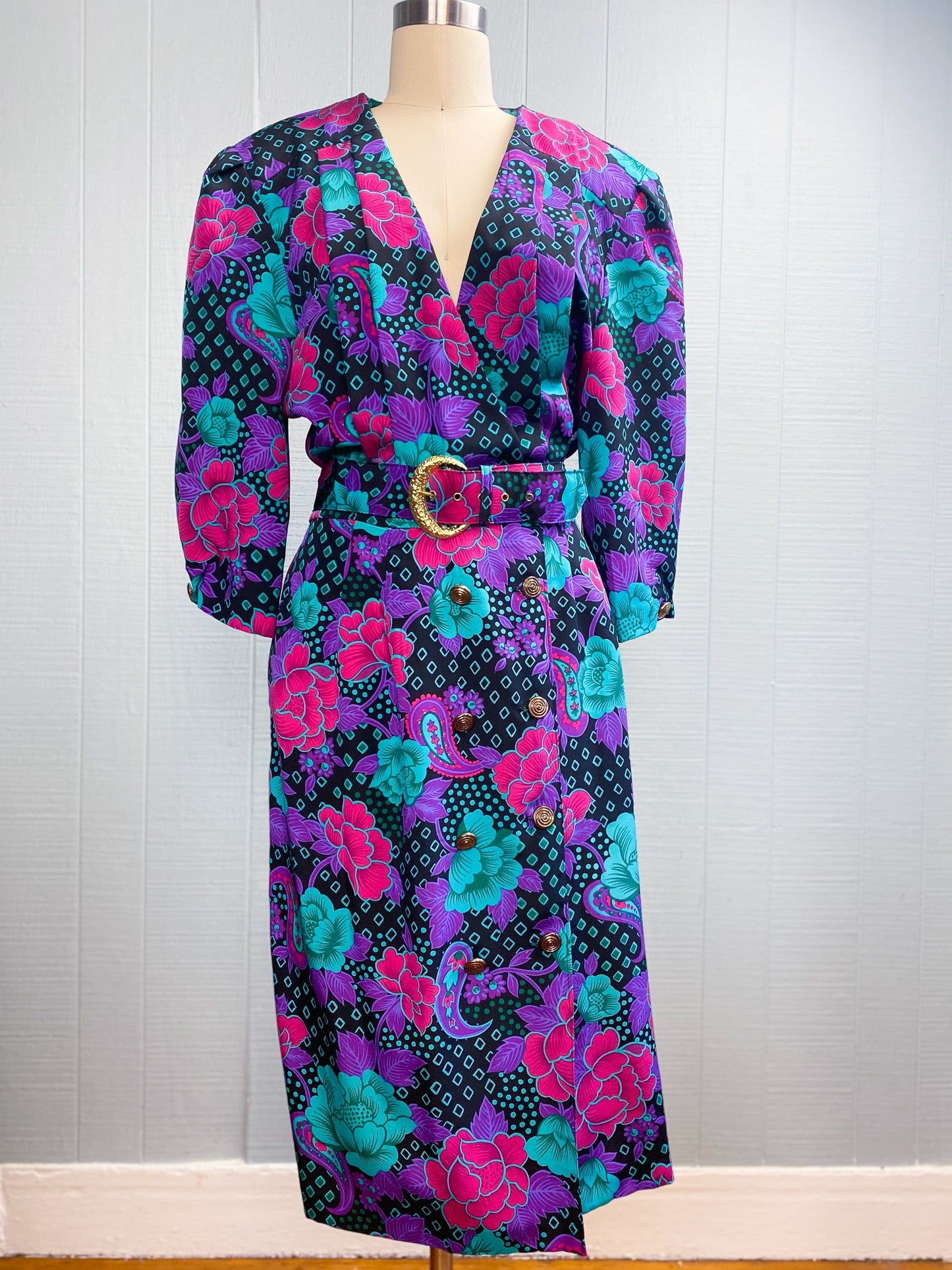 80's Black & Pink Floral Dress | XL