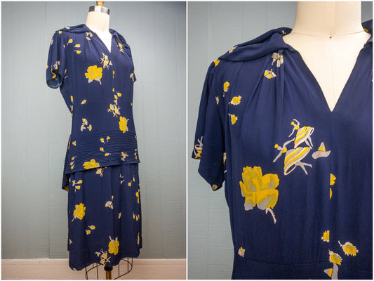 40's Navy Dress Yellow Flowers & Dancers | L/XL