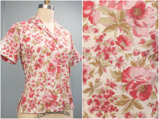 60's Graphic Rose Watercolor Blouse | S/M