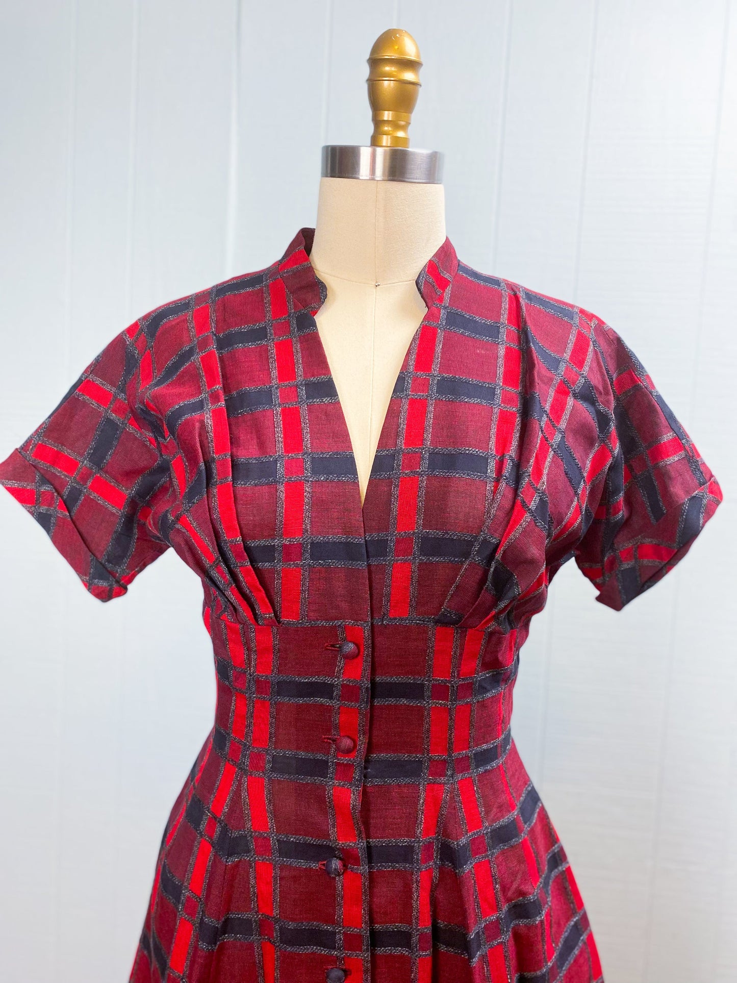 50's Black & Red Plaid Swing Party Dress | XS/S