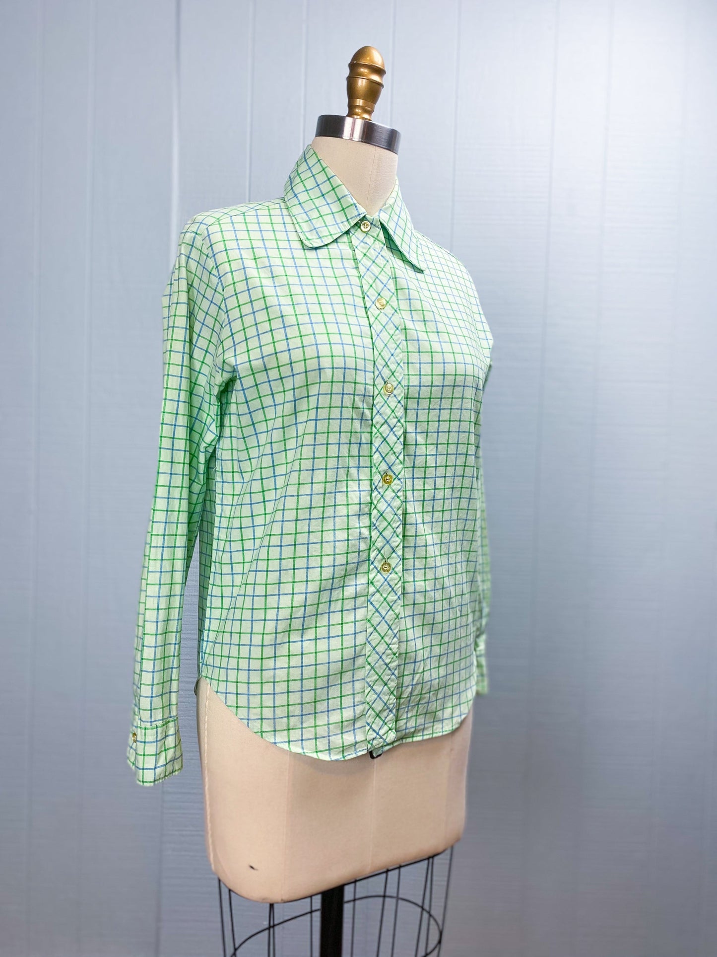 50s/60s Mint Green Windowpane Long Sleeve Blouse | XS/S