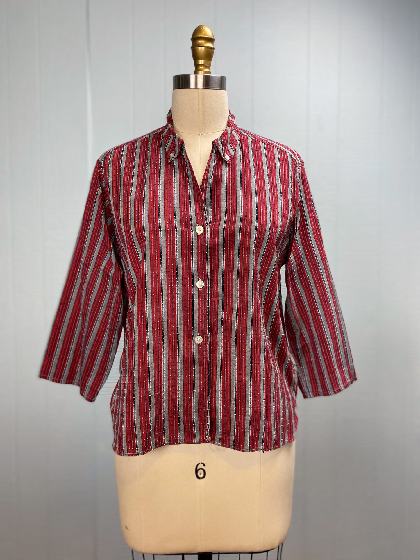 50's Red & Grey Vertical Textured Stripe Button Down Oxford Wash n' Wear Blouse | M/L