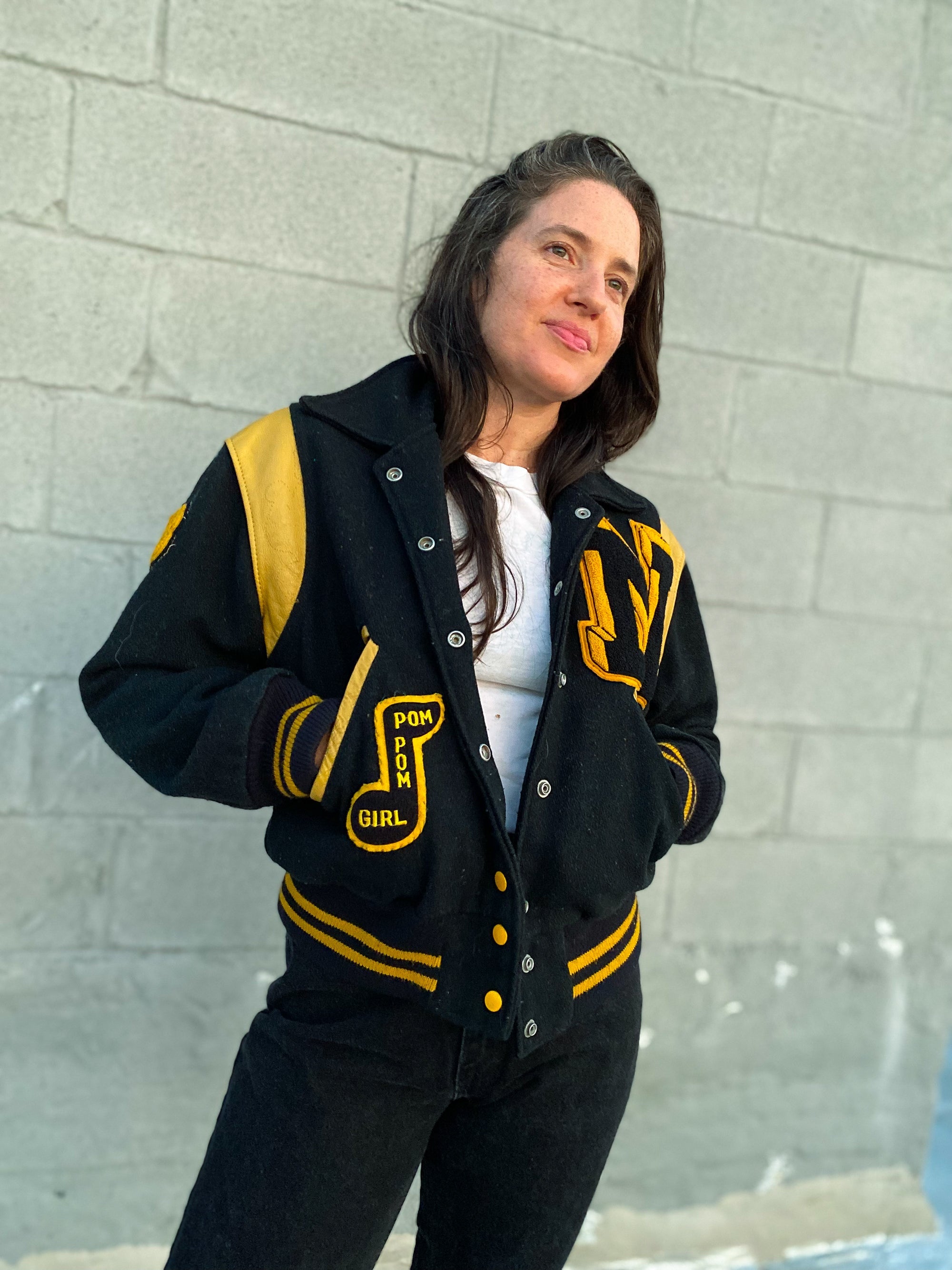 70s Black Gold Pom Pom Girl Letterman Jacket Puck Vintage