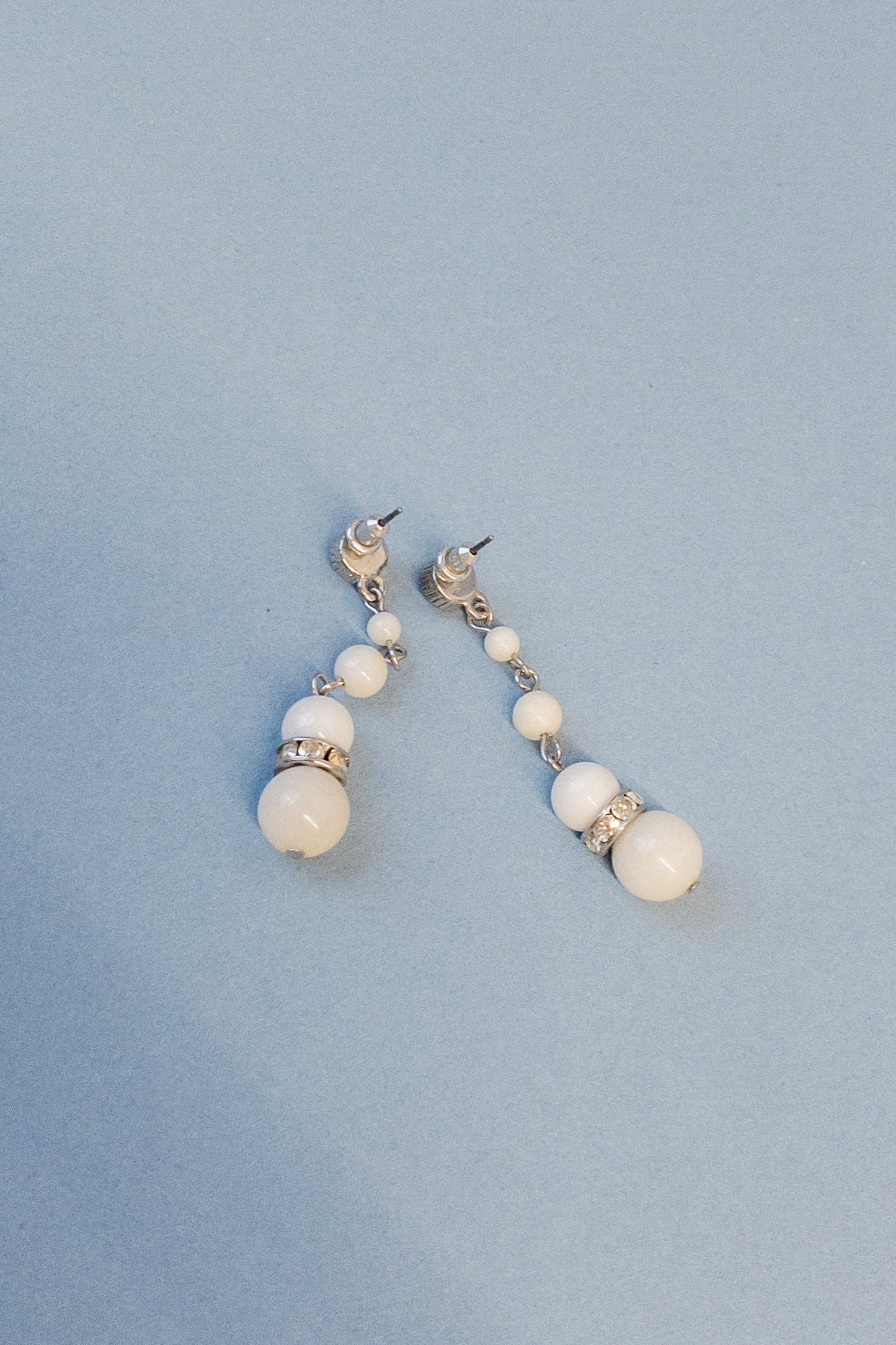 Milk White Glass Bead Dangle Rhinestone Silver Pierced Earrings