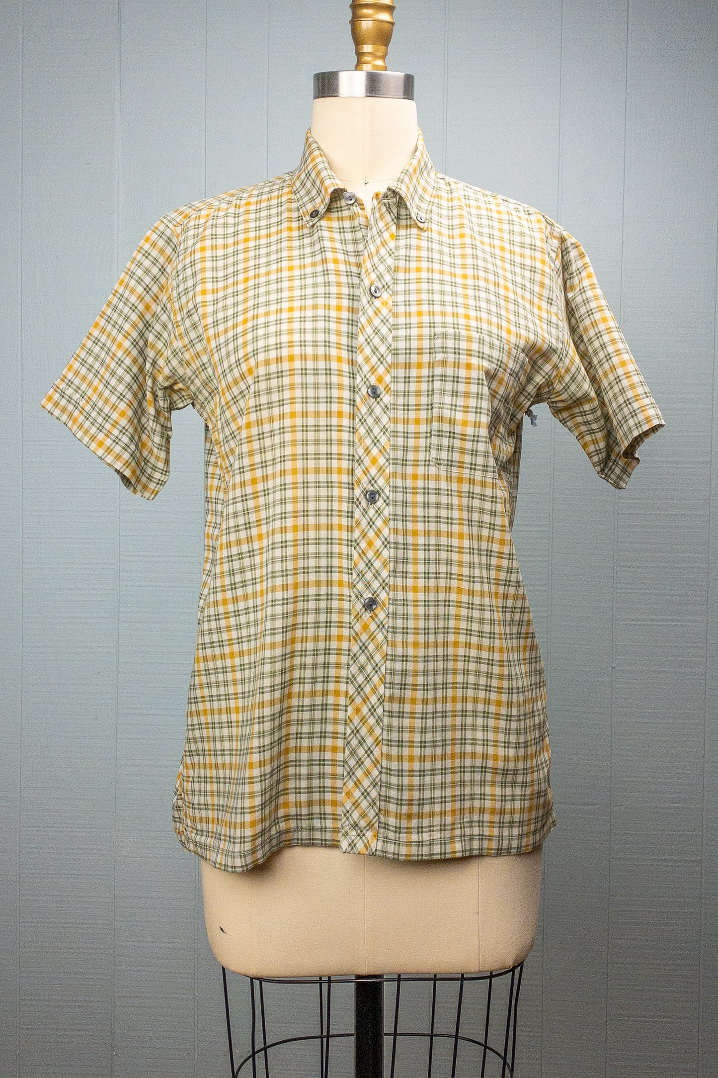 50's 60's Green & Yellow Plaid Button Down Shirt | M