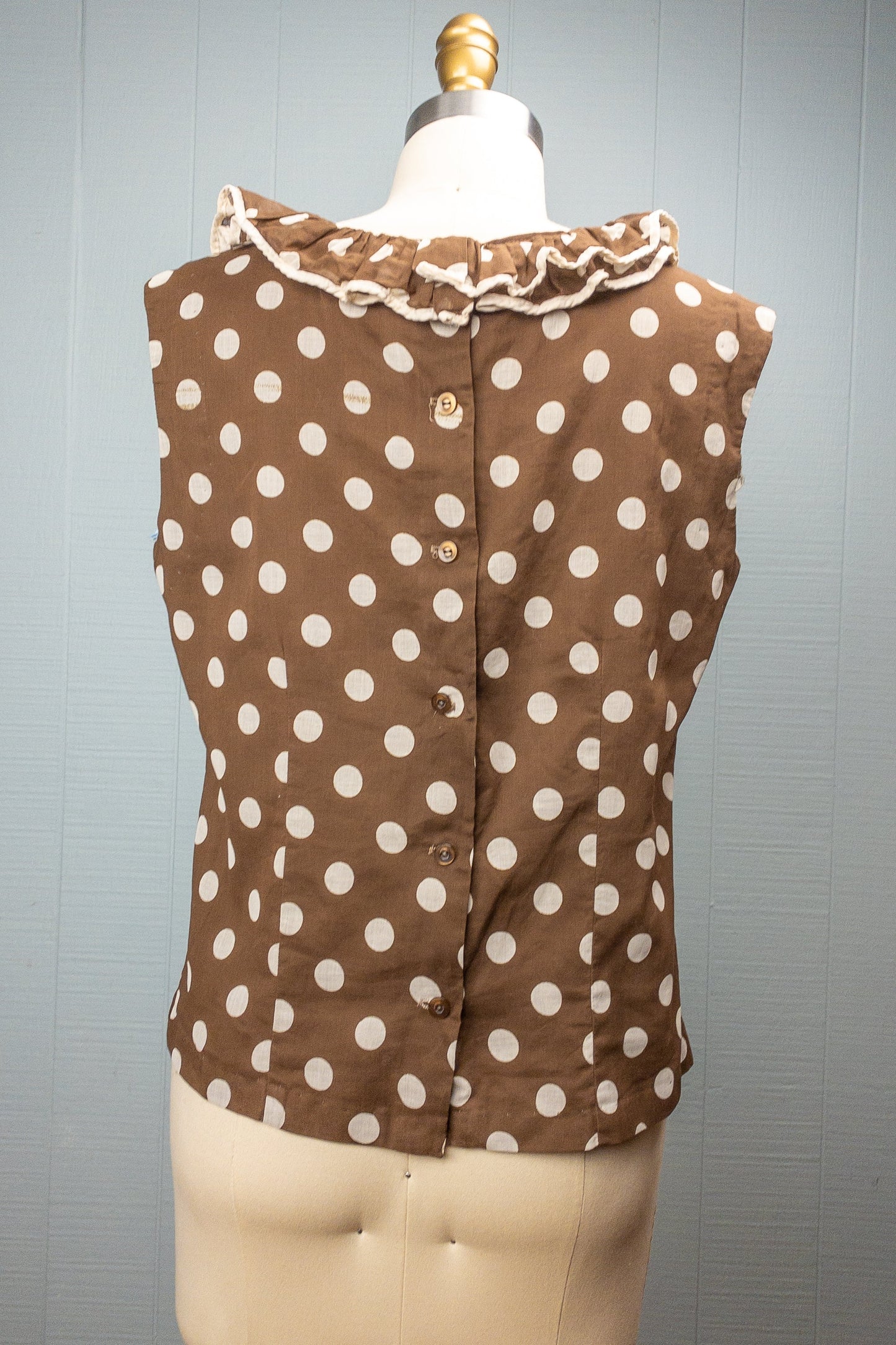 50s 60s Brown Polka Dot Ruffle Blouse | M