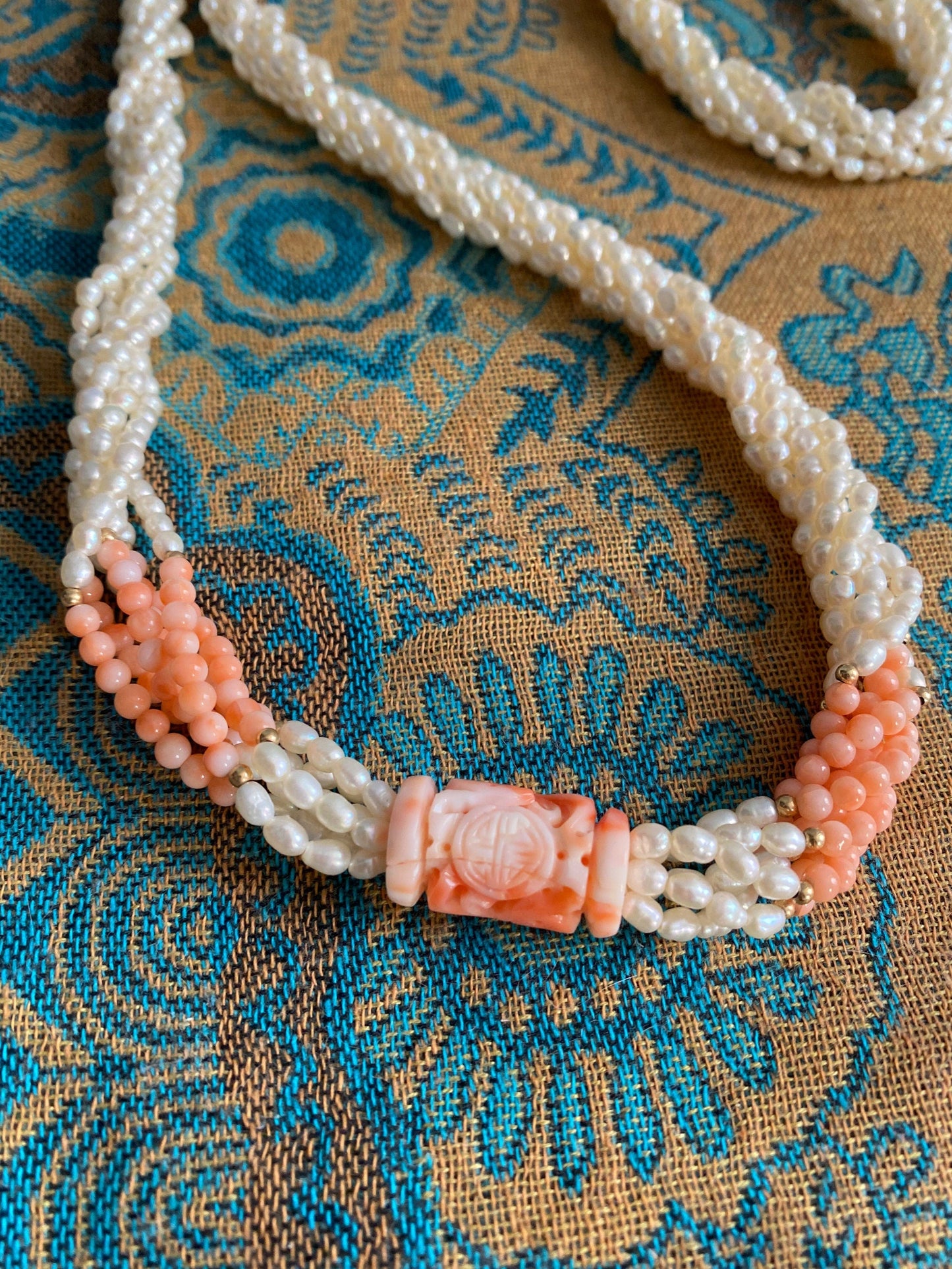 Freshwater Seed Pearls & Angel Skin Coral Shou Chinese Carved Necklace