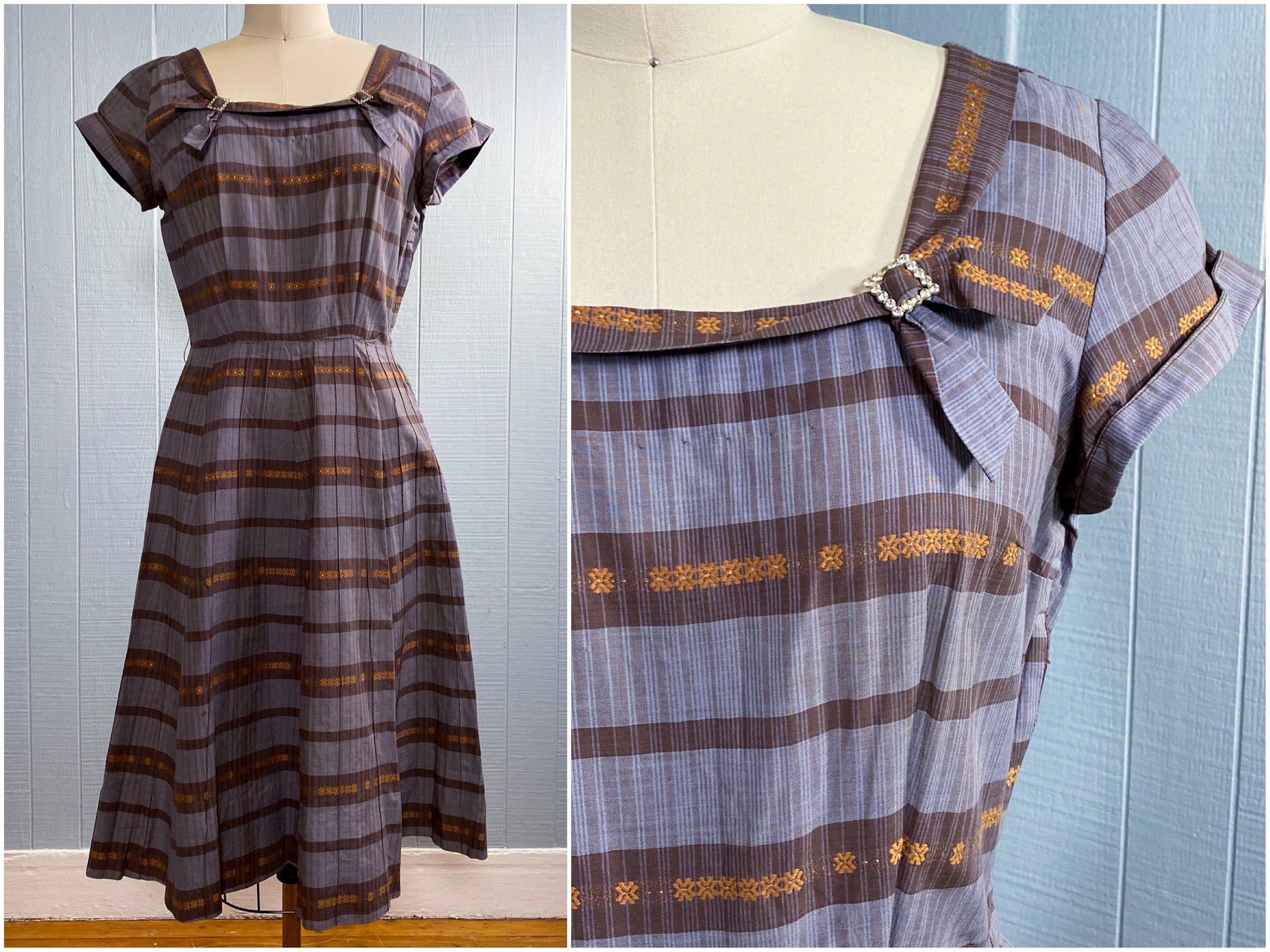 Vintage 40's 50's Striped Grey Copper Gold Party Dress | Circle Swing Skirt | Betty Hartford | S/M